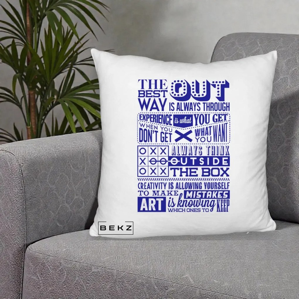 Perna Decorativa Citate Creativitate Albastru, 40x40 cm, Alb Pufos, Husa Detasabila, Perna Inclusa, BEKZ®