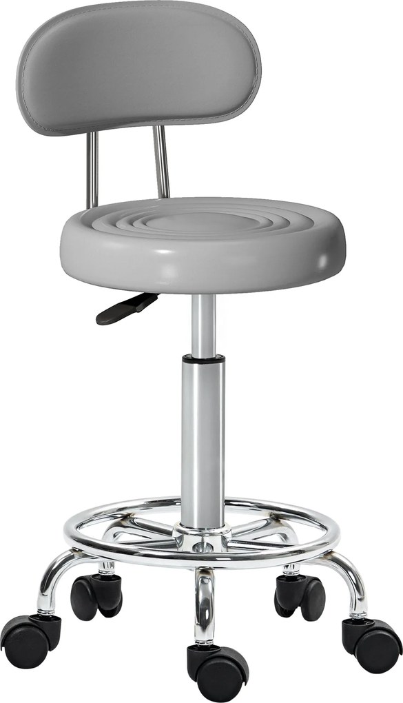 HOMCOM Taburet cu roți, rotativ și reglabil cu spătar, tapițerie din piele ecologică, suport pentru picioare, pentru mese de frizerie, Gri | Aosom Romania