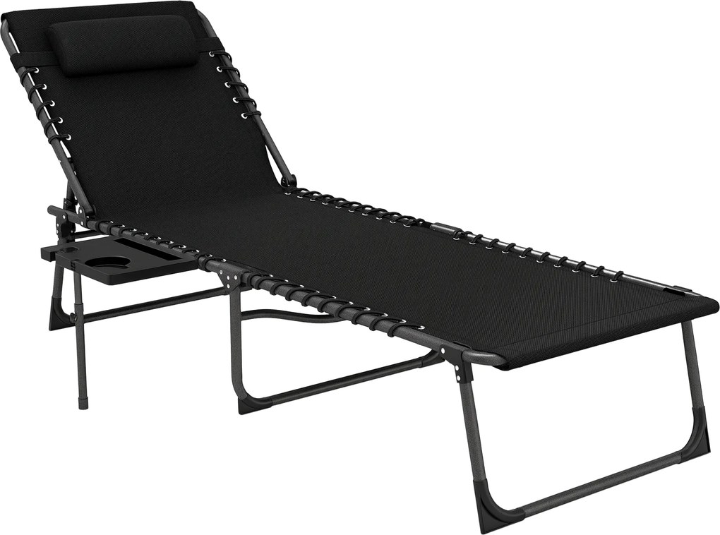 Outsunny Șezlong Pliant cu Spătar Reglabil Tetieră Buzunar Lateral Tavă și Structură din Oțel 190x60x31 cm Negru | Aosom Romania