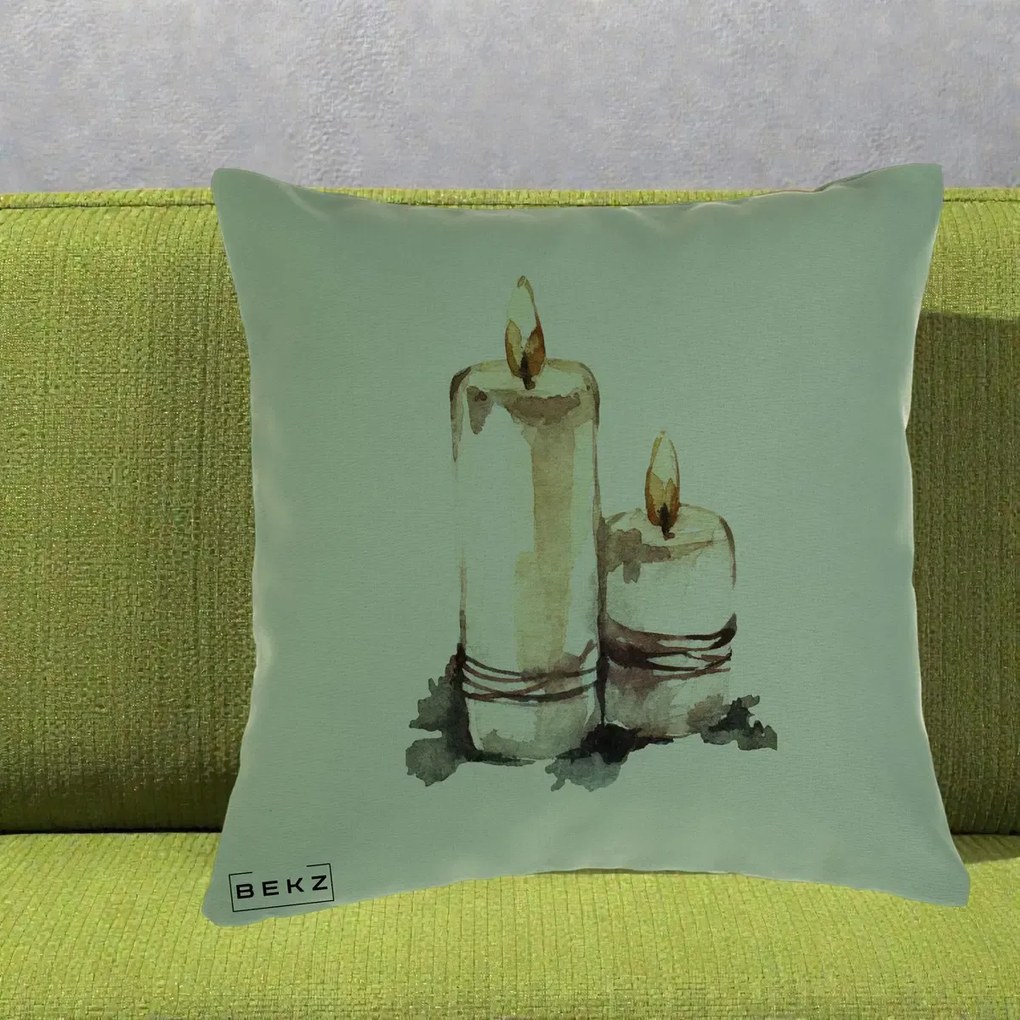 Perna Decorativa Lumanari Acuarela Iarna, 40x40 cm, Verde, Husa Detasabila, Perna Inclusa, BEKZ®