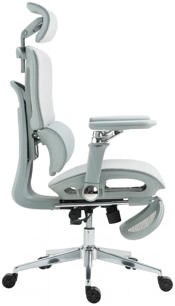 RESIGILAT- METACHAIR DORO Scaun ergonomic, cotiere 6D, suport lombar dinamic, spătar reglabil înălțime, tetieră 2D, suport picioare, mecanism multifunctional inclinare/blocare, pivotant, Mesh, Gri