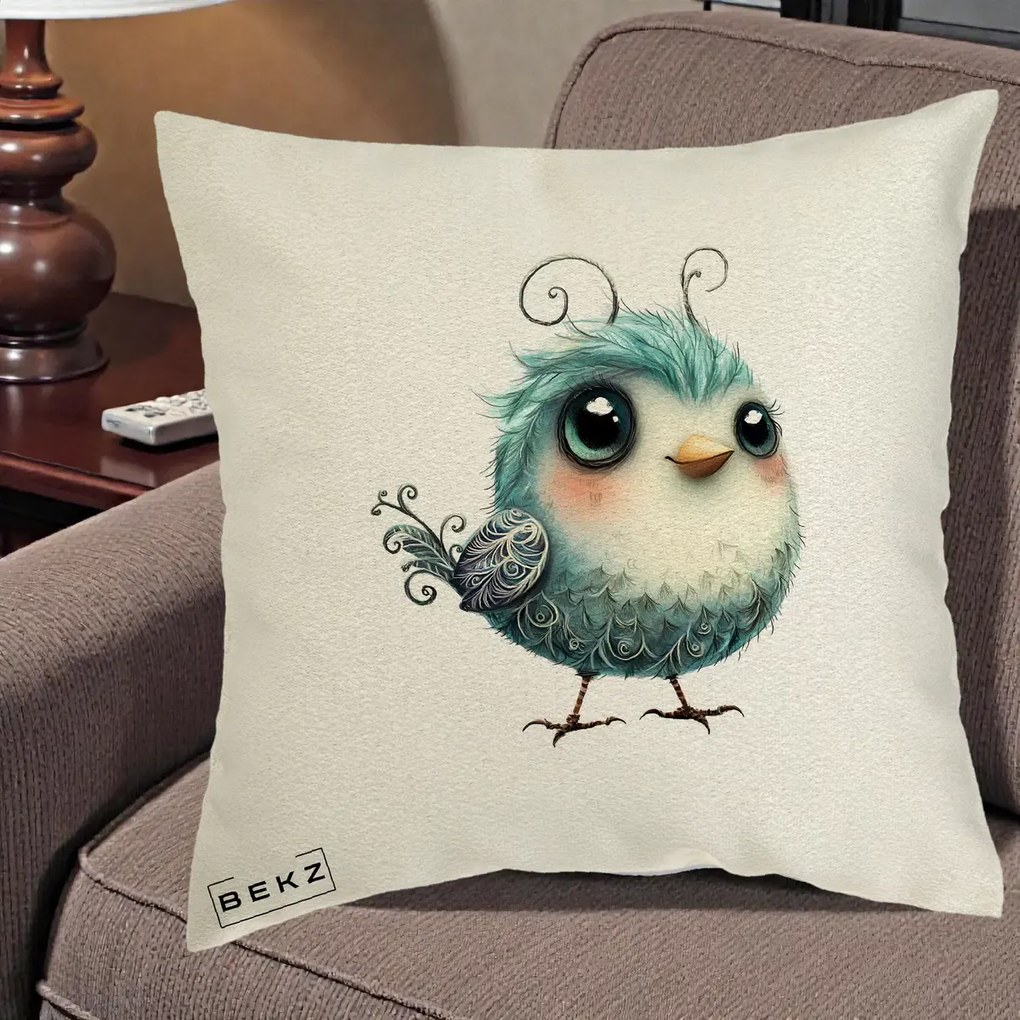 Perna Decorativa Pui Teal cu Aripioare Ornamentale, 40x40 cm, Ecru, Husa Detasabila, Perna Inclusa, BEKZ®