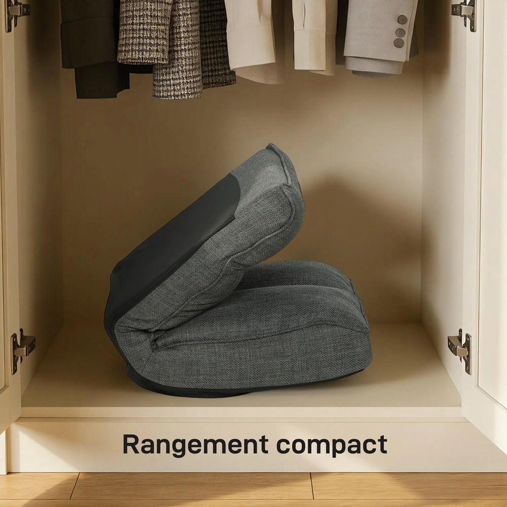 HOMCOM Fotoliu de podea pliabil, rotativ 360°, scaun de podea căptușit cu spătar reglabil în 5 poziții, 58x107x79cm, gri | Aosom Romania