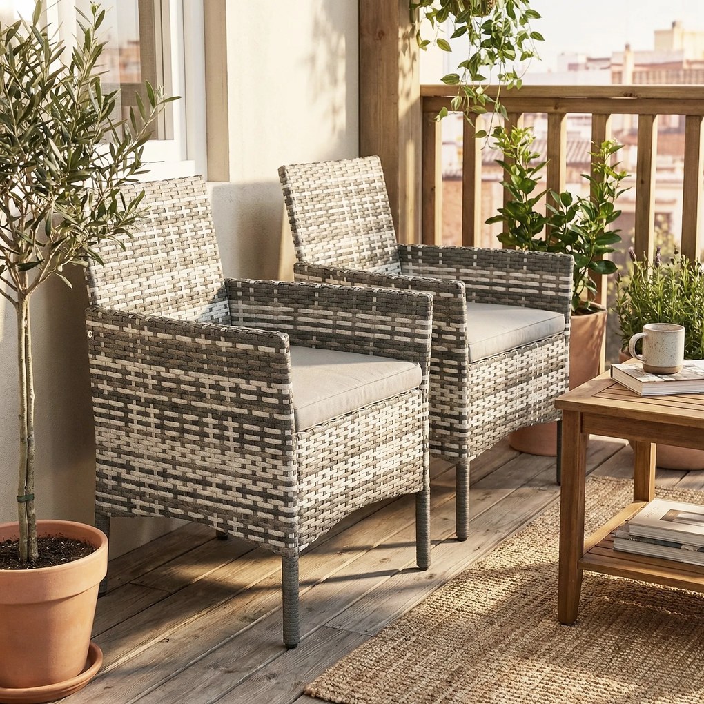 Outsunny Set de 2 Scaune de Grădină din Ratan, Scaune de Exterior cu Perne, Cotiere și Spătar Înalt, Cadru din Oțel pentru Verandă, Balcon, Lângă Piscină și Grădină, Gri | Aosom Romania