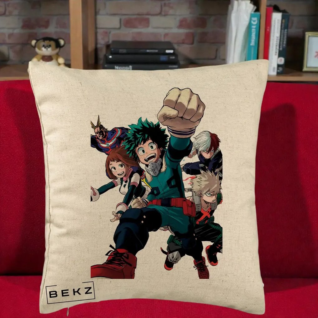 Perna Personalizata My Hero Academia Izuku Deku si Echipa, 40x40 cm, Bej, Husa Detasabila, Perna Inclusa, BEKZ®