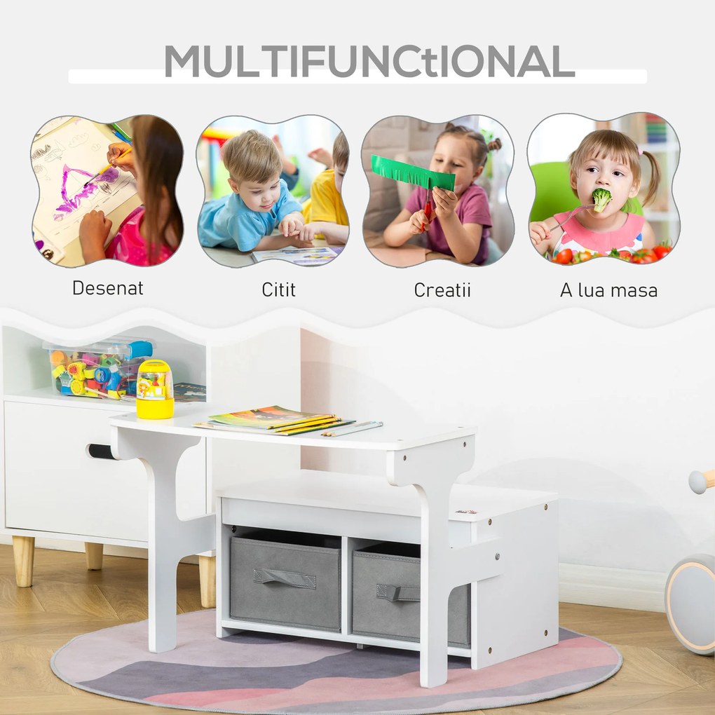 HOMCOM banca pentru copii 2 in 1, 60x43x57cm, alba | AOSOM RO