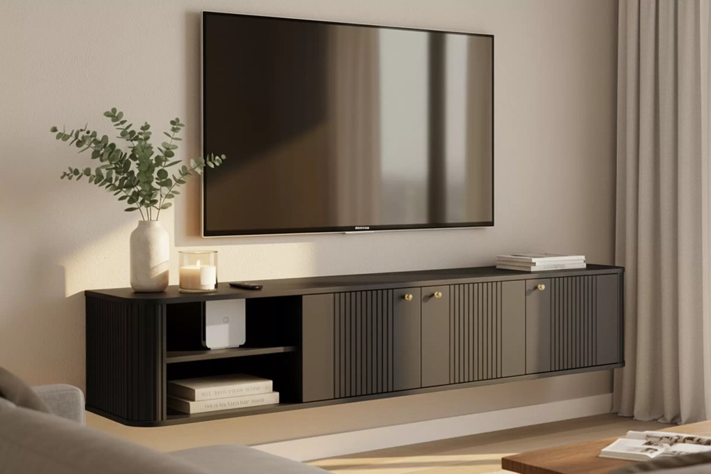 Comodă TV suspendată Vesper 3D 187 cm pe soclu - negru / mânere aurii
