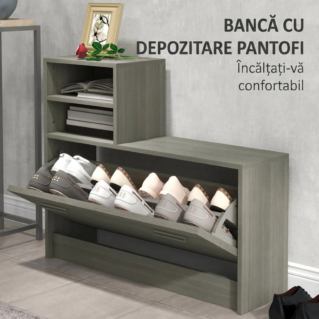 HOMCOM Set de Depozitare 4-în-1 pentru Hol, Cuier de Perete cu Oglindă, Bancă pentru Încălțăminte, 85x15x110 cm, Gri | Aosom Romania