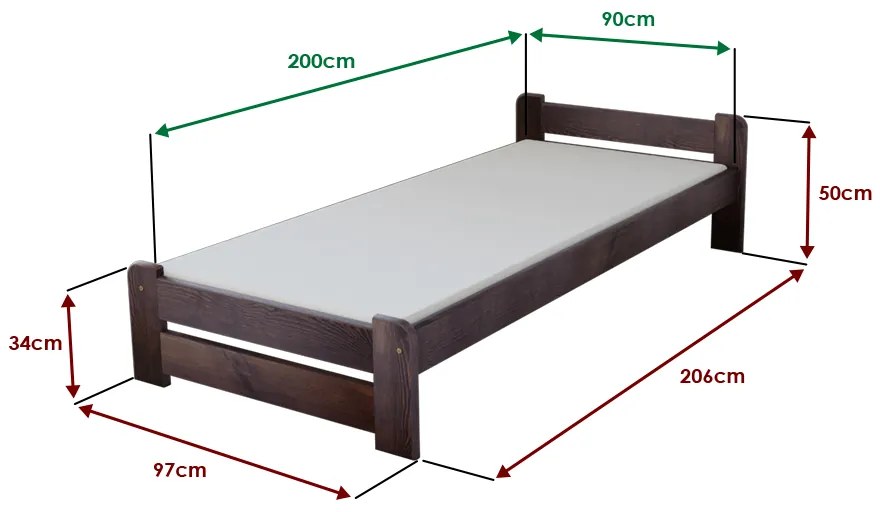 Pat de o persoana Emily 90x200 cm, nuc Saltele: Cu saltele Deluxe 10 cm, Somiera pat: Cu lamele drepte
