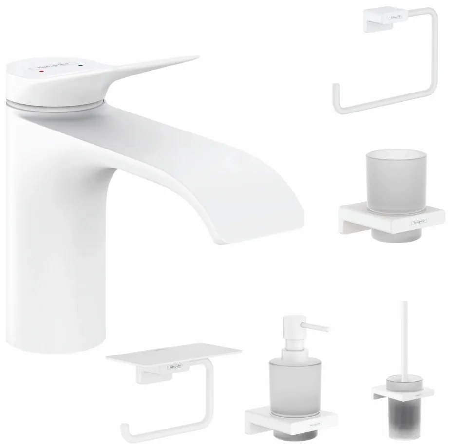 Set baterie lavoar Hansgrohe Vivenis si accesorii baie Hansgrohe AddStoris, alb