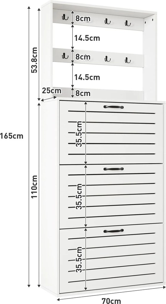 Dulap pentru pantofi cu 3 uși, raft pentru pantofi cu cârlige, 70x25x165 cm, Alb