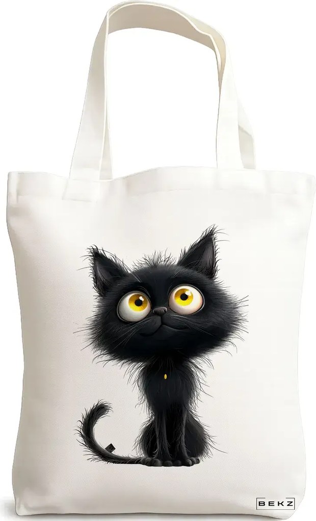 Sacosa de Panza pentru Cumparaturi, Geanta Tote, model The cat thinker 38 x 34.5 cm, Alba, BEKZ®