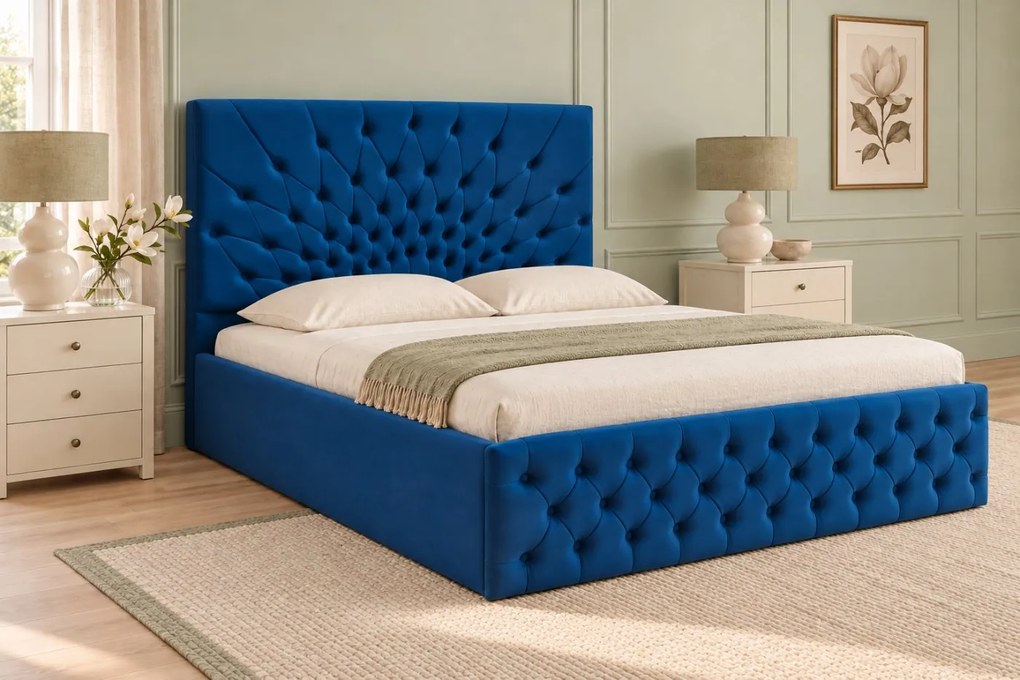 Pat tapițat Chesterfield din catifea Venezia 180×200 cm, albastru, cu ladă de depozitare