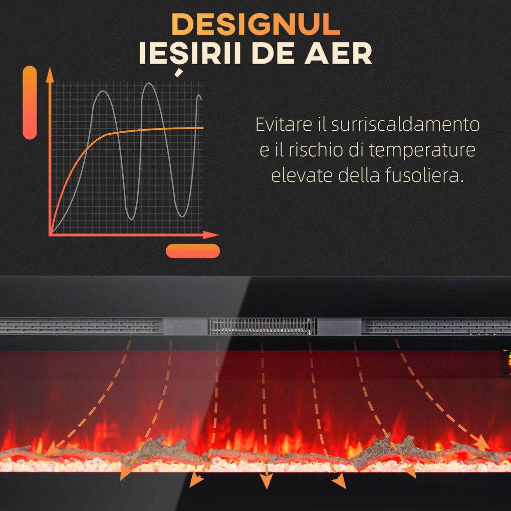 HOMCOM Șemineu Electric Încastrabil cu Telecomandă, Flacără Reglabilă, Temporizator și Termostat, 127x15,8x45 cm, Negru | Aosom Romania