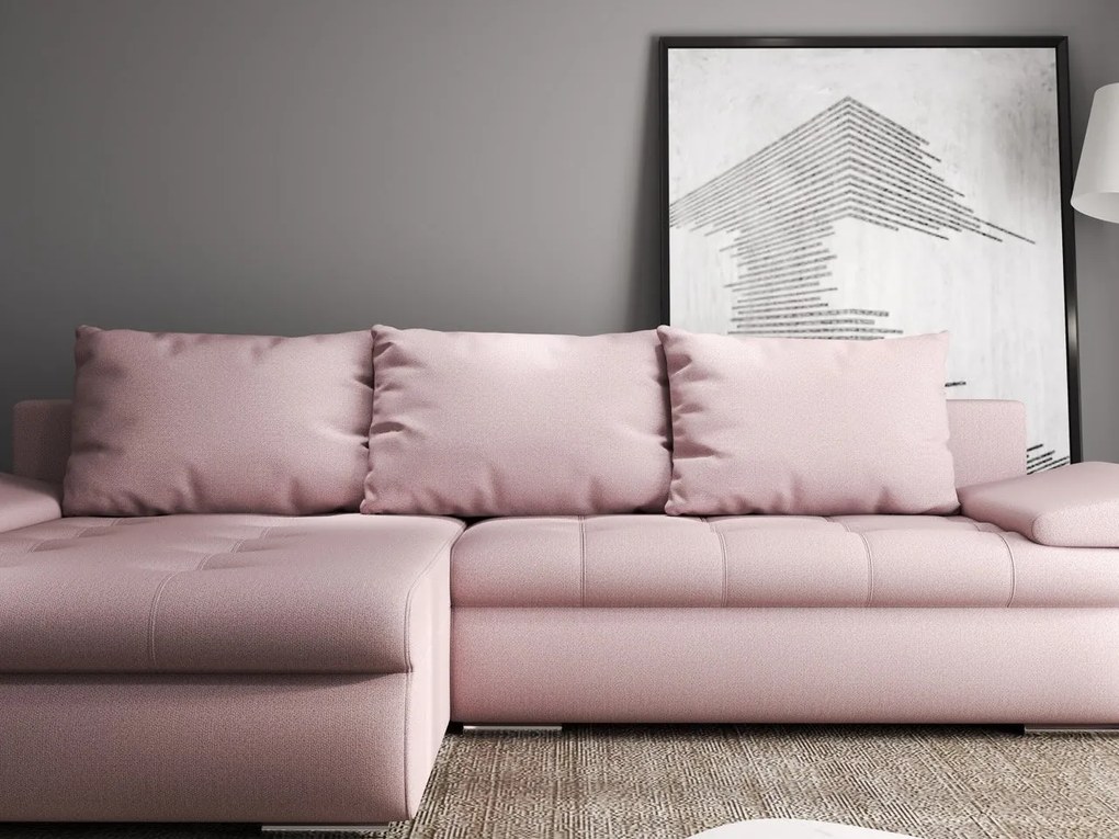 Colțar extensibil dumonde cu ladă de depozitare si sezut confortabil din spuma high-density, Leonardo Enjoy Roz 260x185 cm