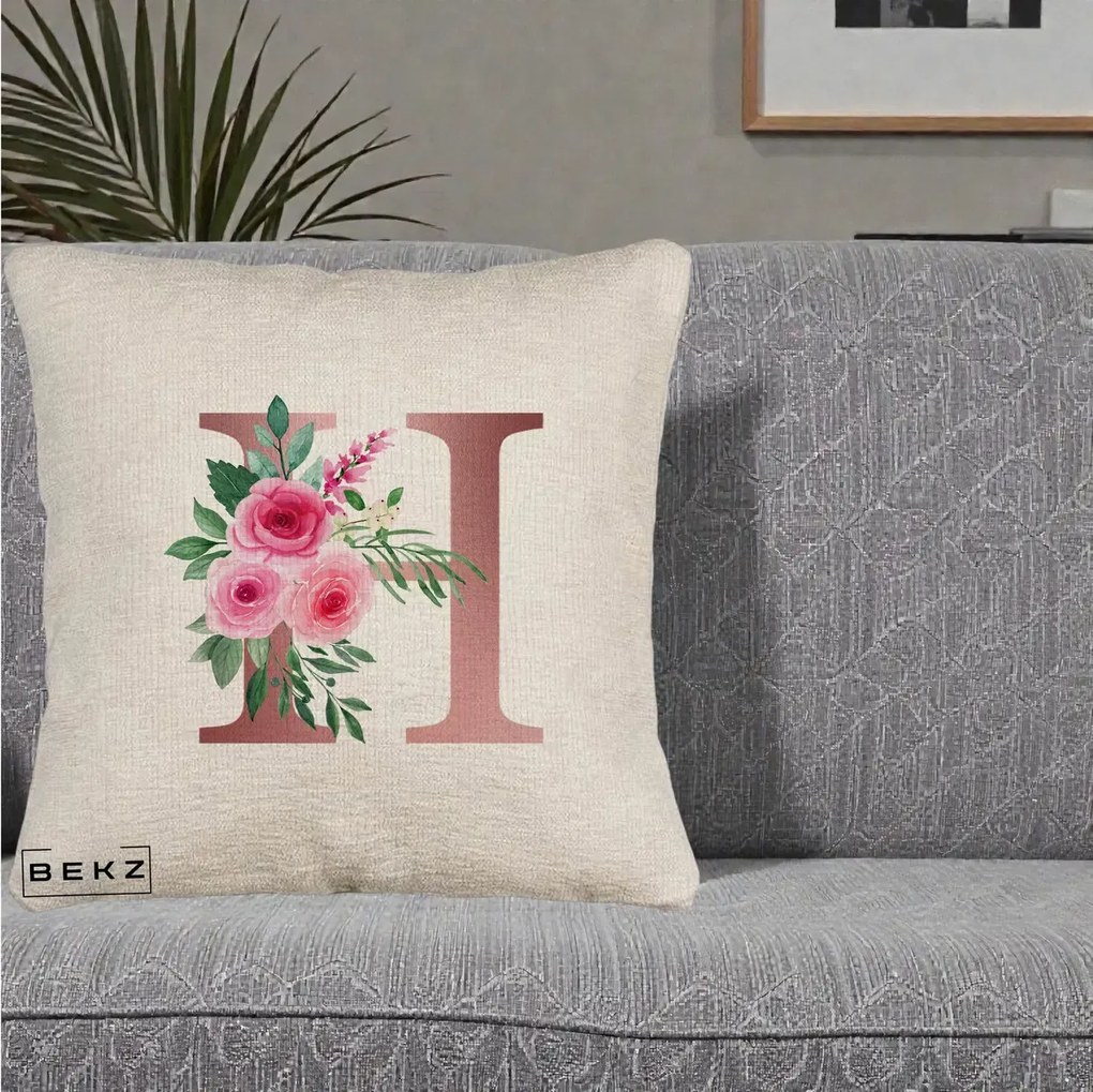 Cadou Personalizat - Perna Personalizata Monograma Rose Gold Litera H, 40x40 cm, Bej Canapea, Husa Detasabila, Perna Inclusa, BEKZ®