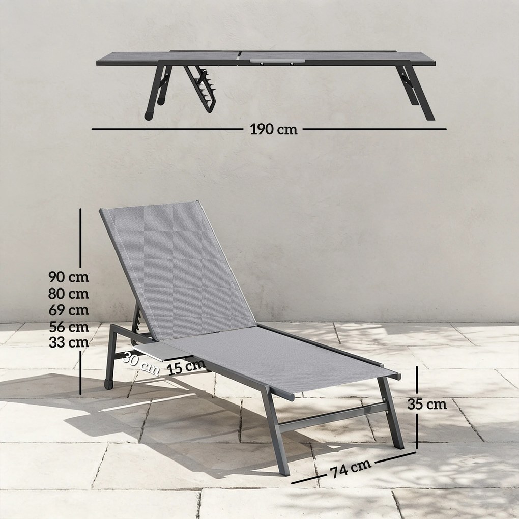 Outsunny Set 2 Șezlonguri Reglabile în 5 Poziții cu Măsuță Laterală și 2 Roți, din Metal și Poliester, Gri | Aosom Romania