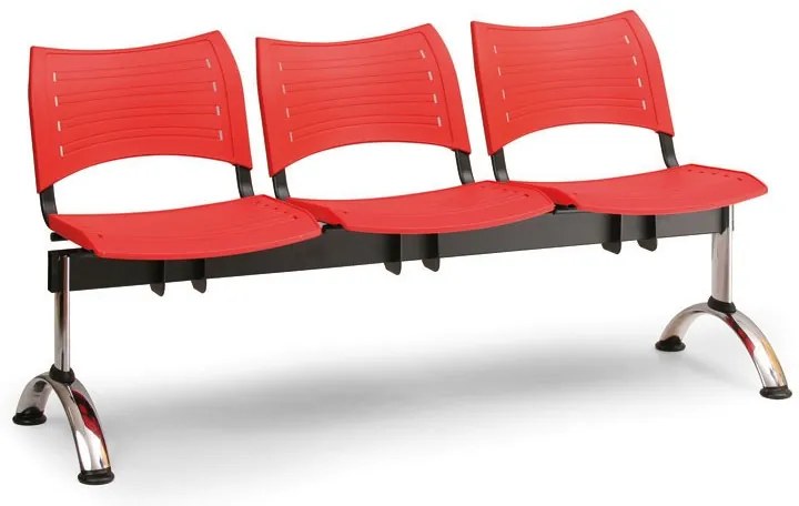 Bancă plastic VISIO, 3 locuri - picioare cromate, albastru