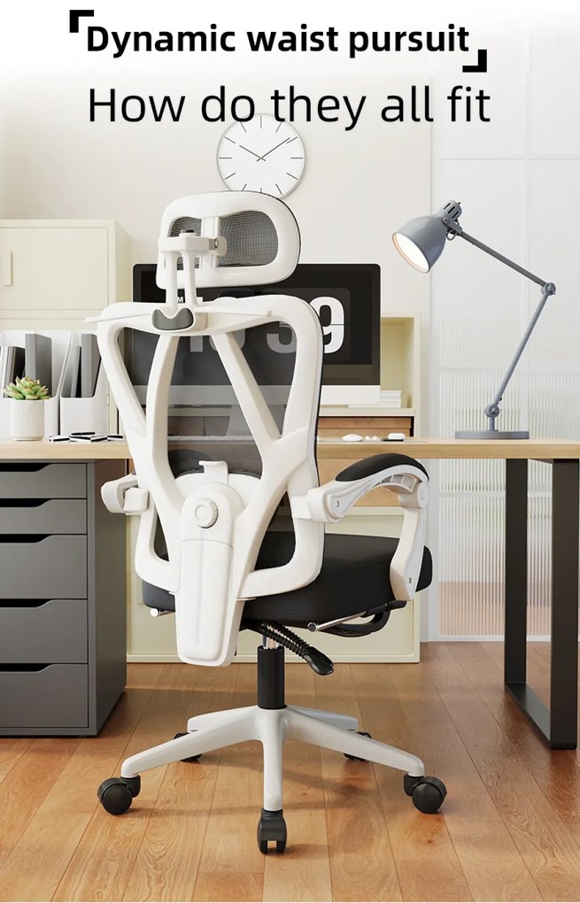 Scaun ergonomic cu suport lombar 4D, tetieră reglabilă 4D, pivotant 360°, suport pentru picioare, Alb/Negru