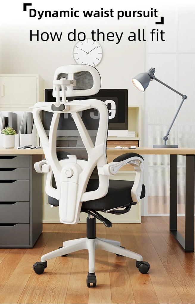 Scaun ergonomic cu suport lombar 4D, tetieră reglabilă 4D, pivotant 360°, suport pentru picioare, Mesh, Alb/Negru