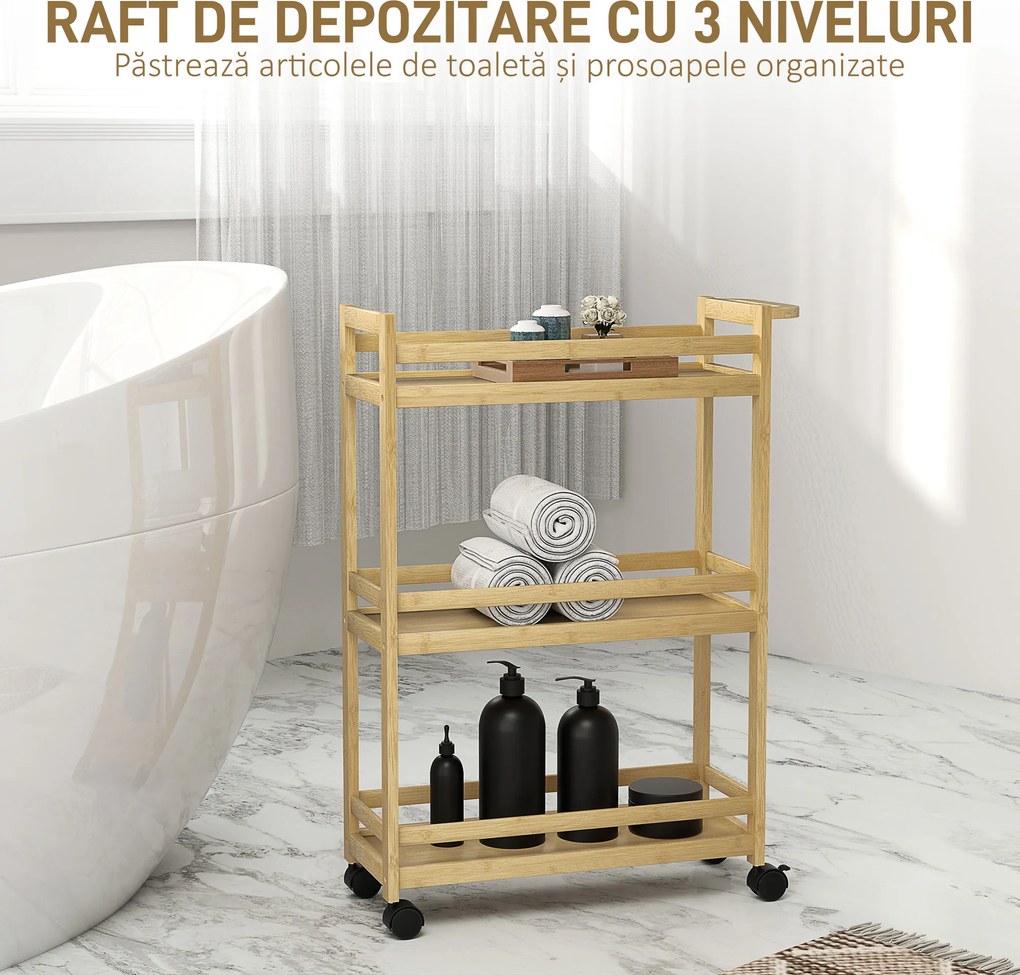 HOMCOM Raft de Baie din Bambus cu 3 Niveluri, Carucior Organizator cu Roți pentru Bucătărie, Baie, Living, 55 x 20 x 75 cm - Natural | Aosom Romania