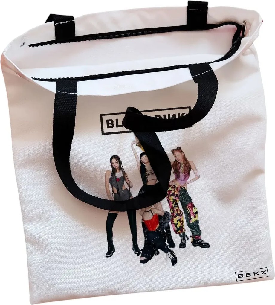 Sacosa de Panza pentru Cumparaturi, Geanta Tote, model Blackpink 5, Cu fermoar, 38x34.5 cm, Alba, BEKZ®