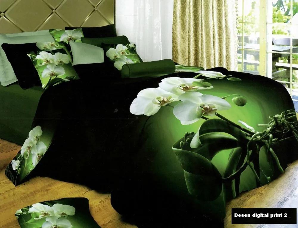 Lenjerie de pat dubla Digital Print Bumbac 230 x 230 cm Model Verde cu Orhidee DP15