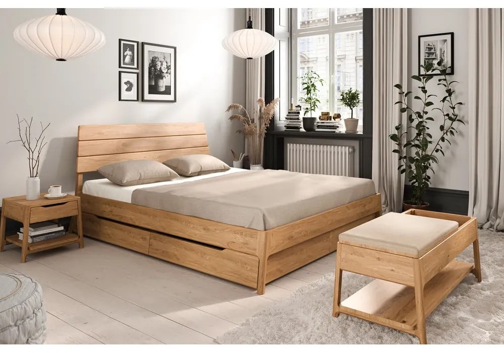 Pat matrimonial în culoare naturală din lemn de stejar 140x200 cm Twig – The Beds