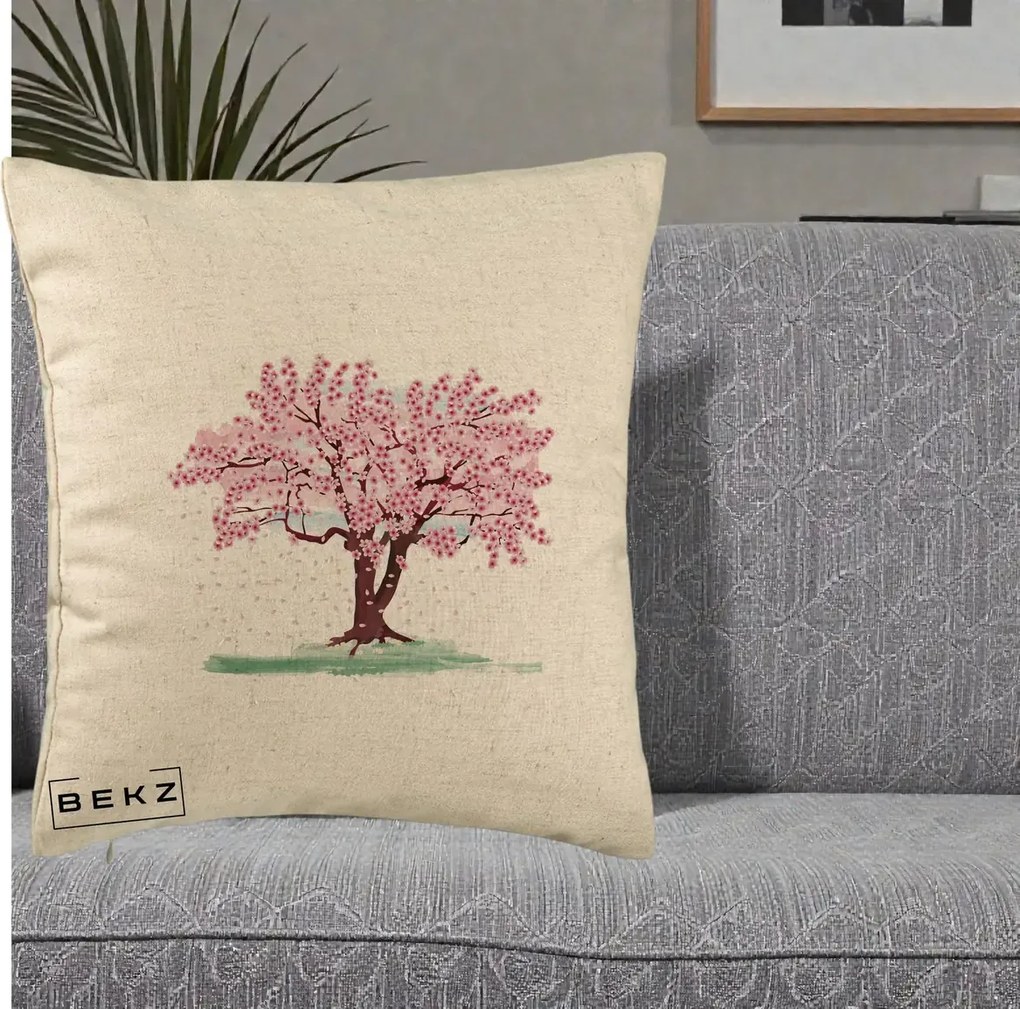 Perna Decorativa Cires Inflorit Acuarela, 40x40 cm, Bej, Husa Detasabila, Perna Inclusa, BEKZ®