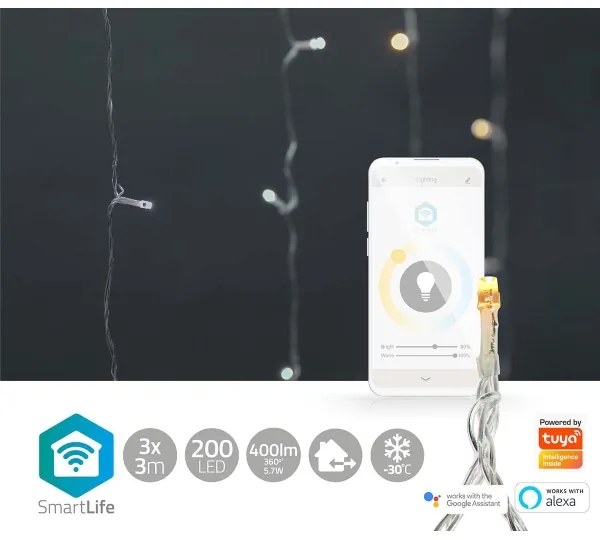 Nedis WIFILXC02W200 - Cortină LED de Crăciun, 200 LED, 11 funcții, 6 m, IP65, Wi‑Fi Tuya