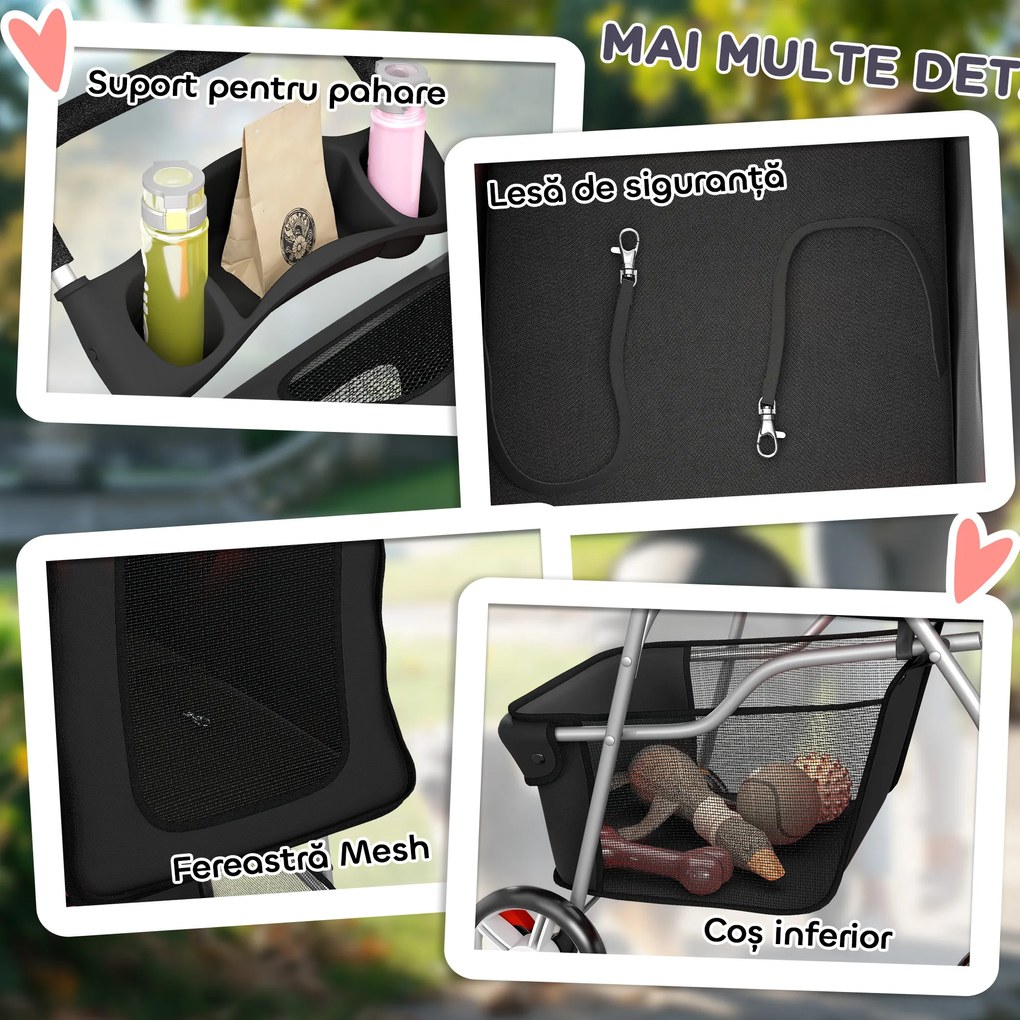 PawHut Cărucior pentru Câini Până la 10 kg, Cărucior Pliabil pentru Animale, 77x44x102 cm, Negru | Aosom Romania