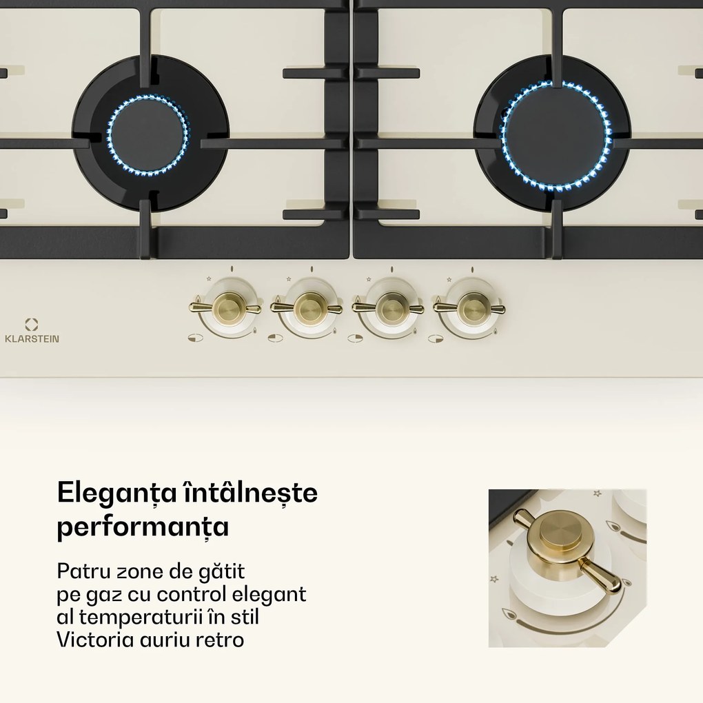 Klarstein Victoria 4 Zonen, plită pe gaz, 4 arzătoare, sticlă ceramică, alb fildeș