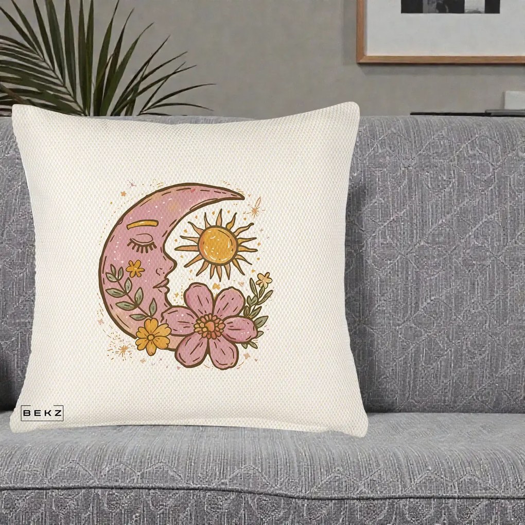 Perna Personalizata Luna si Soare Floral Boho, 40x40 cm, Crem Reliefat, Husa Detasabila, Perna Inclusa, BEKZ®