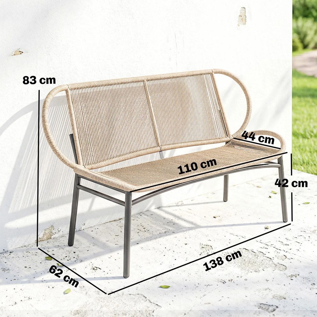 Outsunny Bancă de grădină 2 locuri, banc exterior din rășină împletită cu cadru metalic, rezistent la intemperii, natural | Aosom Romania