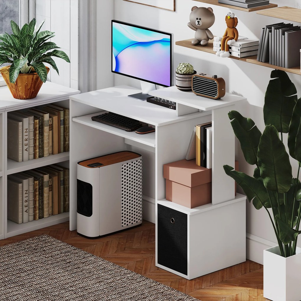 HOMCOM Birou modern pentru PC, birou pentru computer cu raft pentru tastatura, raft si spatiu de depozitare din material, 100x40x86.6cm, alb si negru