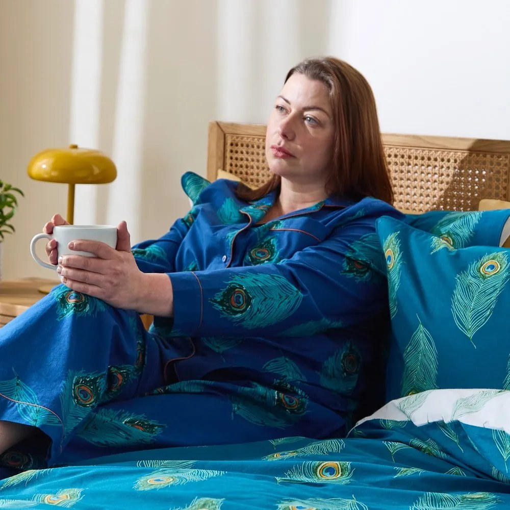 Lenjerie de pat albă/albastru-verde din bumbac pentru pat dublu-extinsă 230x220 cm Peacock Feather – Their Nibs