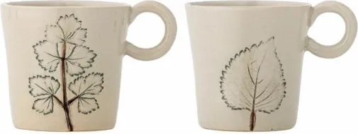 Set 2 căni din ceramică artizanală natur cu finisaj antichizat și motive botanice cu frunze, 9×9 cm, "Aubrin"