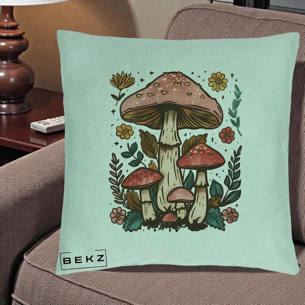 Perna Decorativa Ciuperci Vintage Floral, 40x40 cm, Verde Menta, Husa Detasabila, Perna Inclusa, BEKZ®