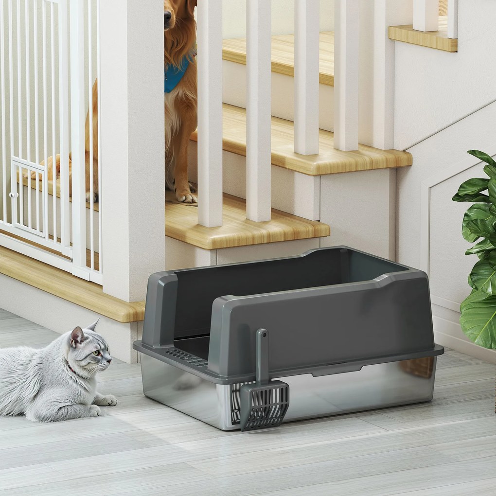 PawHut Lădiță de nisip pentru pisici din oțel inoxidabil 85L capacitate mare, toaletă semi-închisă, 71 x 50,8 x 35,5 cm gri | Aosom Romania