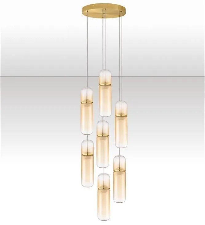 Lustra moderna cu 7 pendule LED, Metal, Auriu, Sticla, Amber, Norma
