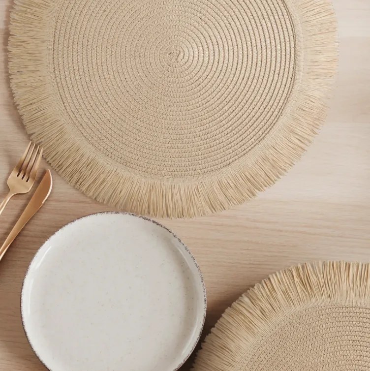 Covoraș rotund în stil boho cu franjuri - set de masă 38 cm Gri