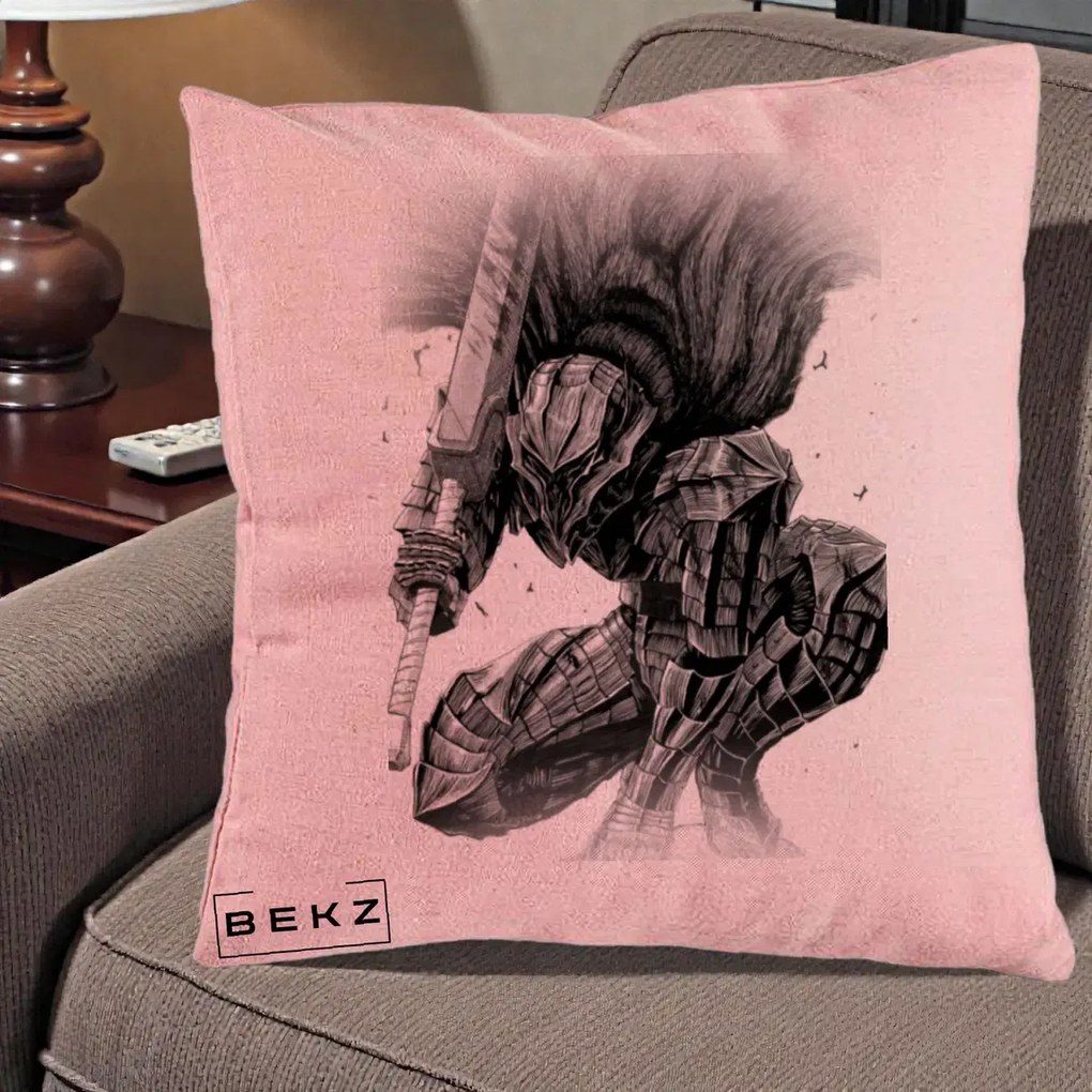 Perna Personalizata Berserk Guts Armor of Darkness Manga, 40x40 cm, Roz, Husa Detasabila, Perna Inclusa, BEKZ®