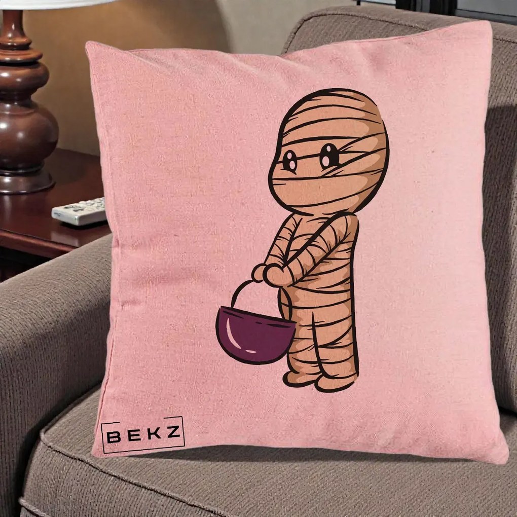 Perna Decorativa Halloween Mummy Kawaii cu Cos, 40x40 cm, Roz, Husa Detasabila, Perna Inclusa, BEKZ®