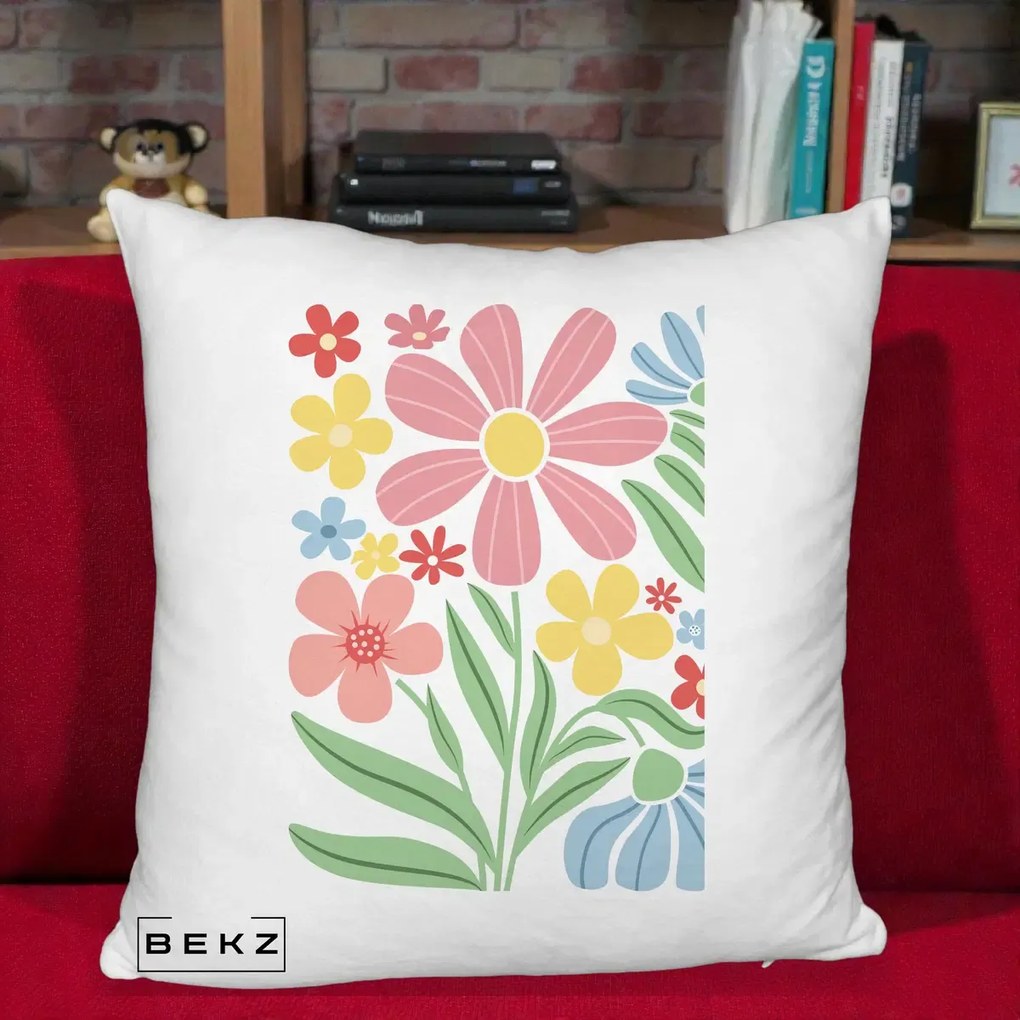Perna Decorativa Flori Grafice Roz Pastel, 40x40 cm, Alb Pufos, Husa Detasabila, Perna Inclusa, BEKZ®