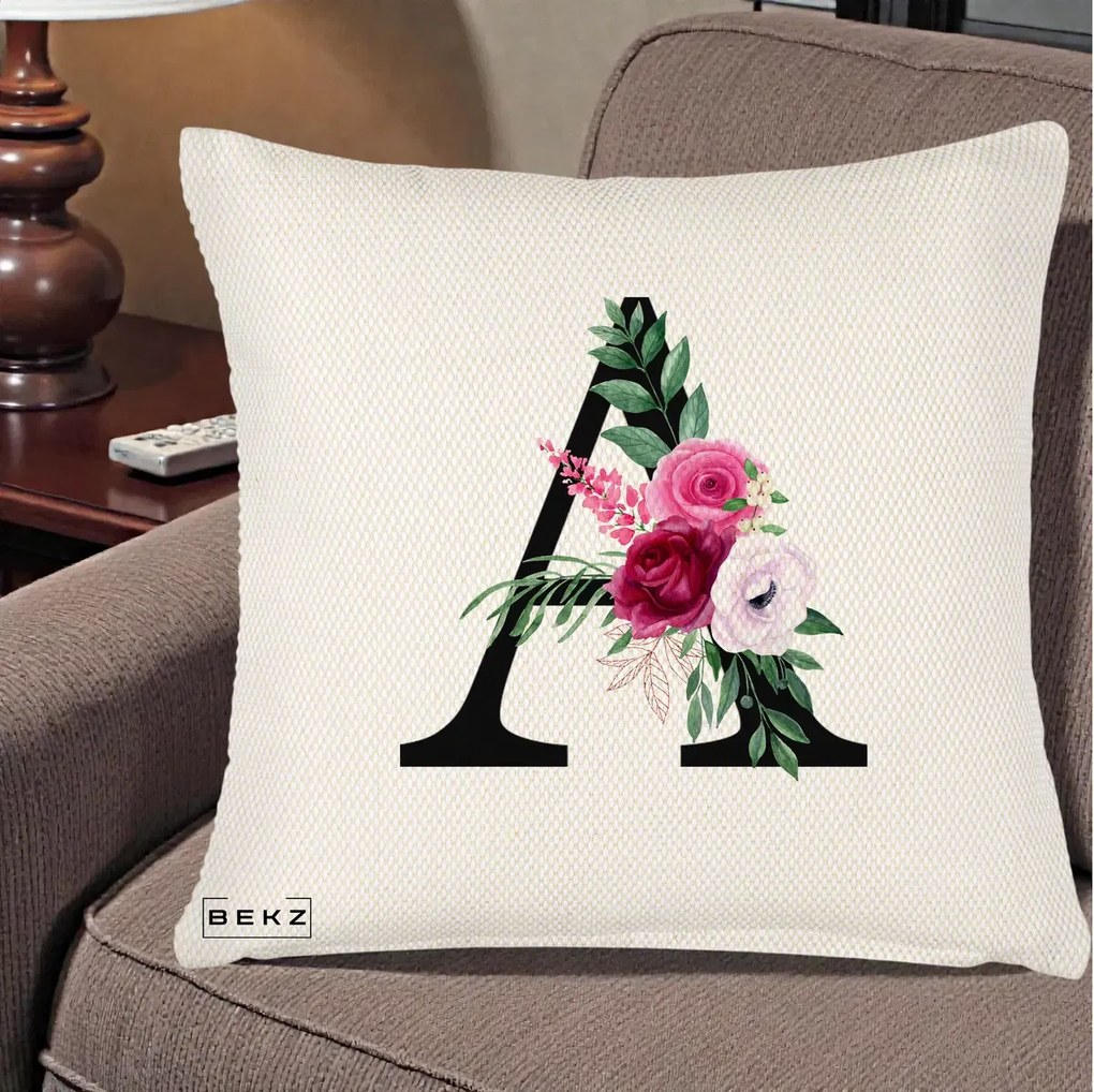 Cadou Personalizat - Perna Personalizata Monograma Florala Litera A, 40x40 cm, Crem Reliefat, Husa Detasabila, Perna Inclusa, BEKZ®