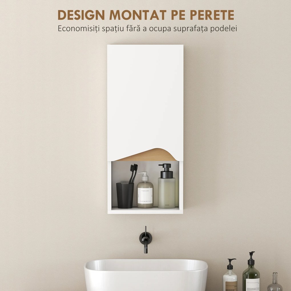 HOMCOM Dulap Suspendat pentru Baie cu Raft Deschis și Dulăpior Soft Close, Dulap cu Poliță Reglabilă, Spațiu de Depozitare Pe Perete, 30x17x67 cm, Alb și Lemn Natural | Aosom Romania