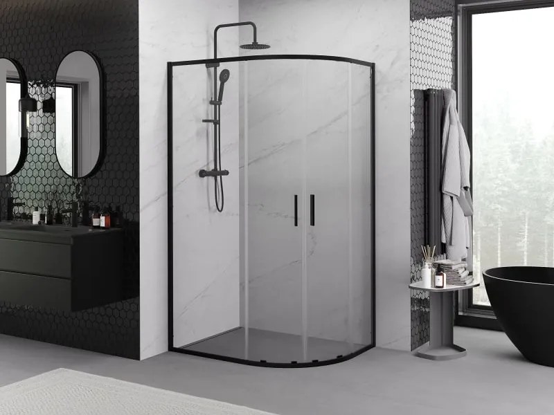 Mexen Exo cabină de duș semicirculară asimetrică de tip culisant 90 x 80 cm, transparent, negru - 8132-090-080-70-00
