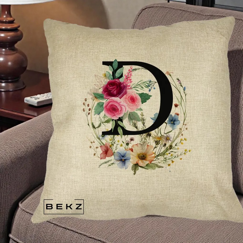 Cadou Personalizat - Perna Personalizata Monogram Litera D cu Flori Acuarela, 40x40 cm, Crem, Husa Detasabila, Perna Inclusa, BEKZ®