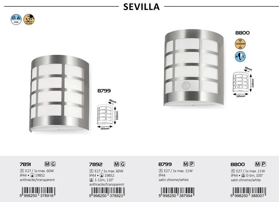 Aplica cu senzor de miscare, iluminat exterior design modern Sevilla crom satin