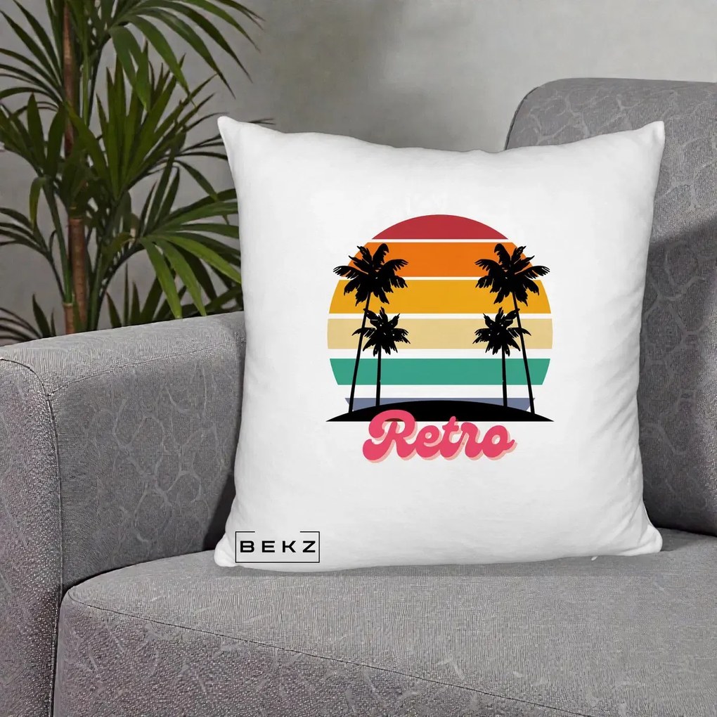 Perna Decorativa Retro Sunset Palmieri, 40x40 cm, Alb Pufos, Husa Detasabila, Perna Inclusa, BEKZ®